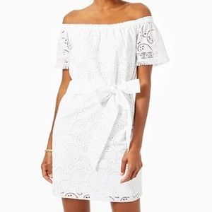 NWT Lilly Pulitzer Shanelle Off the Shoulder Resort White Swirl Eyelet Dress